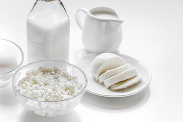 proteic breakfast concept with dairy products on table