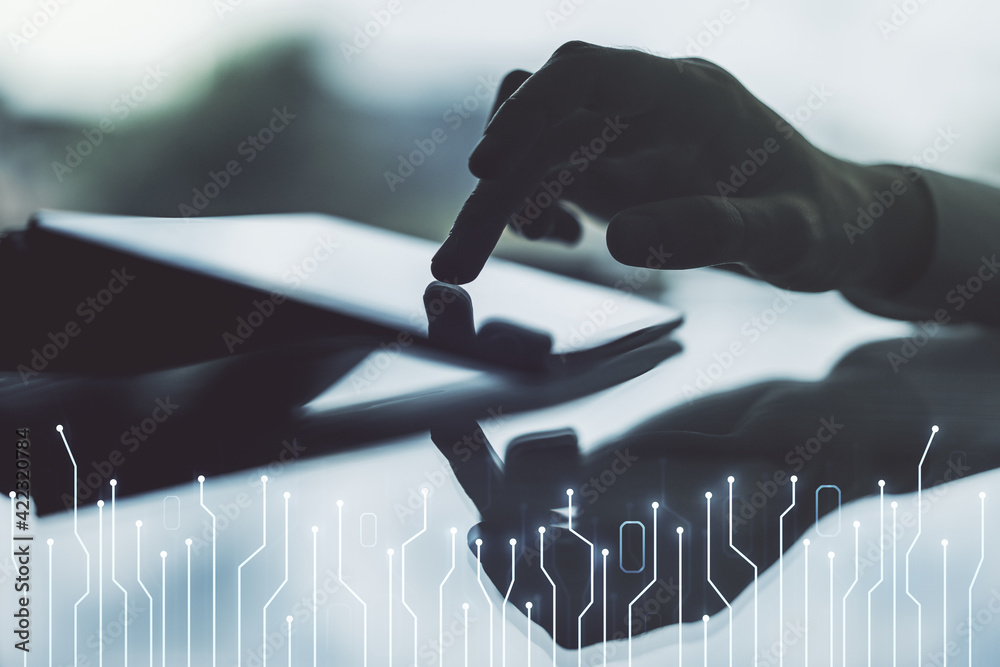 Aufkleber creative concept of microscheme illustration and finger clicks on a digital tablet on background. bi