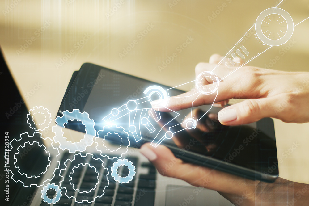 Aufkleber creative concept of robotics technology and finger clicks on a digital tablet on background. robot d