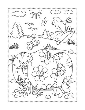 Easter holiday themed coloring page with 3 painted eggs in rural scene
