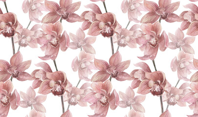 watercolor seamless pattern with orchid flowers on white background for textiles and surface design © Марина Воюш