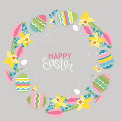 Festive greeting card with easter eggs and spring wreath with flowers