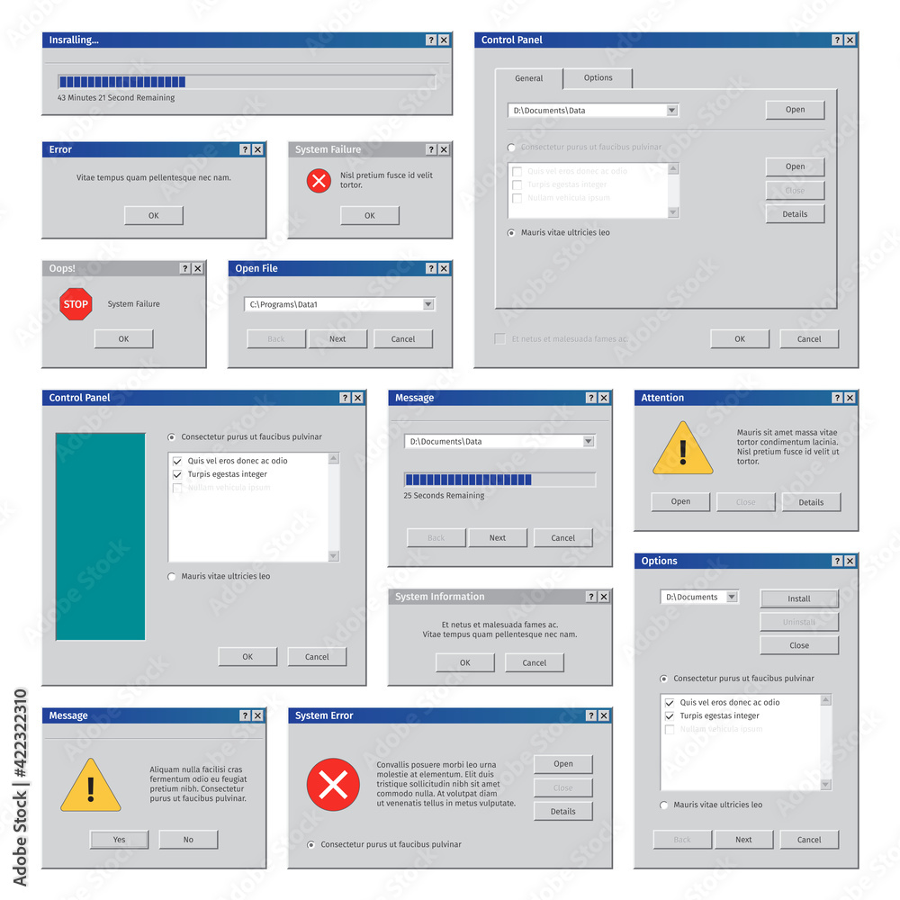Poster vintage computer windows. desktop interface retro user frames pop up boxes internet explorer blank w