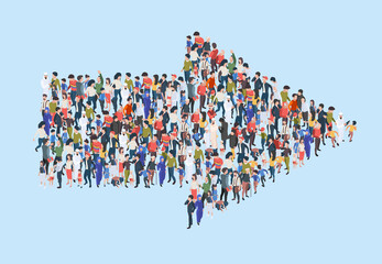 Crowd arrow. Success people walking in direction arrow shapes large growing group of persons garish vector marketing concept isometric illustration
