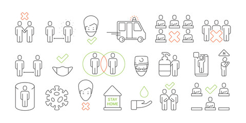 Covid prevention icon. Social distance public area healthcare symbols self desinfection garish vector illustrations set