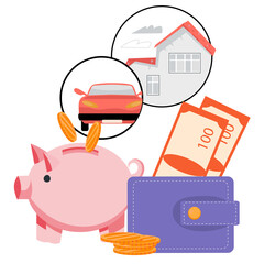 Piggy bank with falling coins and wallet. Symbol of money savings, bank deposit, credit or mortgage, flat vector illustration isolated on white background.