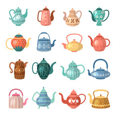Kettle for hot drinks. Colored flat decorative kitchen ceramic pots recent vector illustrations set isolated