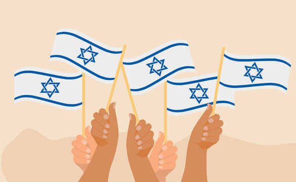 Happy Israel Independence Day banner, hands hold israel flag. Jewish National Holidays. Vector illustration