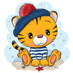 Cartoon tijger in zeemanskostuum op het strand