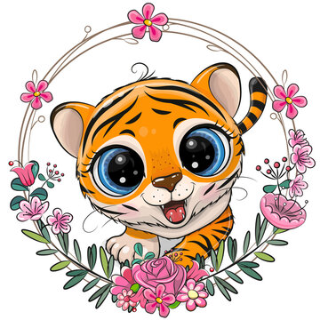 Cartoon Tiger with a floral wreath