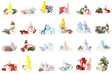 Set with cute small snowman toys on white background
