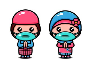 Cute muslim couple character design themed wear the mask. Islamic character cartoon