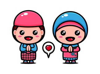 Cute muslim couple character design themed interpret each other. Islamic character cartoon