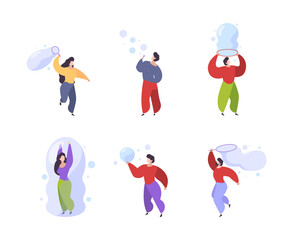 Soap bubbles. Kids active people attractions playing with soap bubbles garish vector illustrations collection various characters male and female