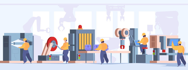 Manufacture line production. Operational systems engineer working industrial processes garish vector flat background illustration