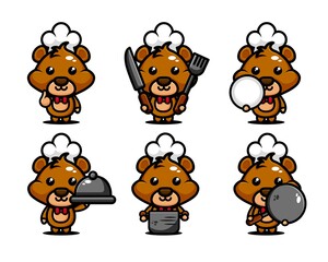 cute bear chef character design set with cooking equipment