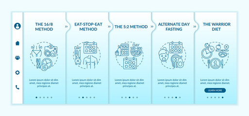 Intermittent fasting methods onboarding vector template. Eat-stop-eat method. Alternate day fasting. Responsive mobile website with icons. Webpage walkthrough step screens. RGB color concept