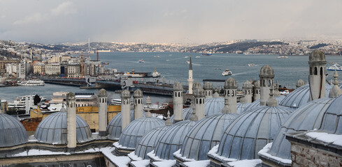 Suleymaniye Bath Roofs and Bosphorus Strait in Istanbul, Turkey