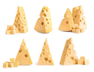 Set with pieces of delicious cheese on white background