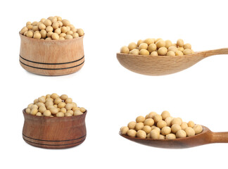 Set with soya beans on white background