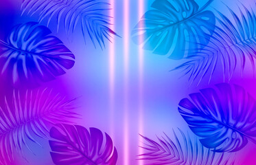 Empty tropical background in ultraviolet color. Palm leaves, neon geometric shapes. 3d illustration