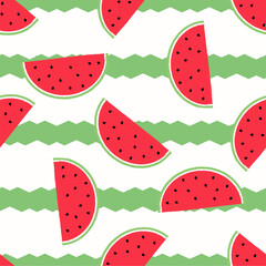 Watermelon pattern. Vector background with watermelon slices. With green abstract zigzag stripes
