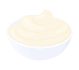 Cartoon mayonnaise in small round bowl. Creamy sauce isolated on white background, side view.Condiment in ramekin vector illustration.