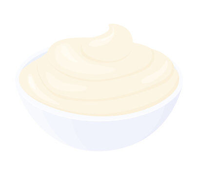 Cartoon Mayonnaise In Small Round Bowl. Creamy Sauce Isolated On White Background, Side View.Condiment In Ramekin Vector Illustration.