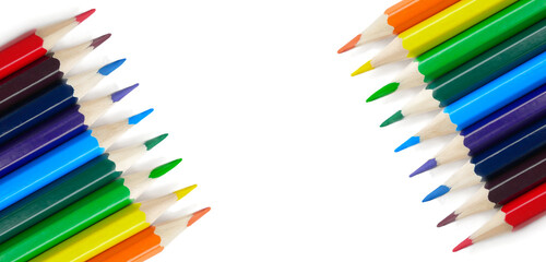pencils isolated on white background with copy space. School and creative painting concept with colored pencils. Back to school banner. packaging template for colored pencils, notebooks and holder