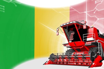 Fototapeta na wymiar Agriculture innovation concept, red advanced rye combine harvester on Mali flag - digital industrial 3D illustration
