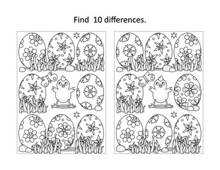 Easter holiday themed find the ten differences picture puzzle and coloring page with chick and painted eggs