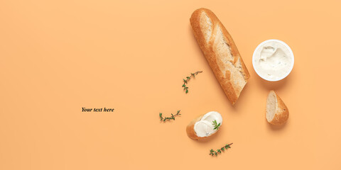 Cream cheese and fresh baguette on a pastel yellow background, banner. Creative layout. Sandwich with cheese. Top view, flat lay, place for text.