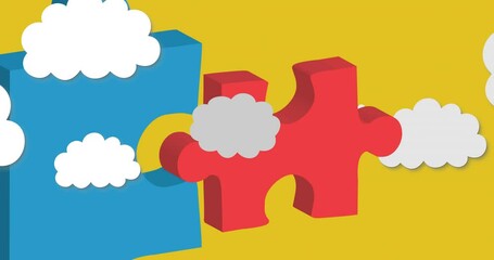 Animation of red and blue autism awareness puzzles with white clouds on yellow - Powered by Adobe