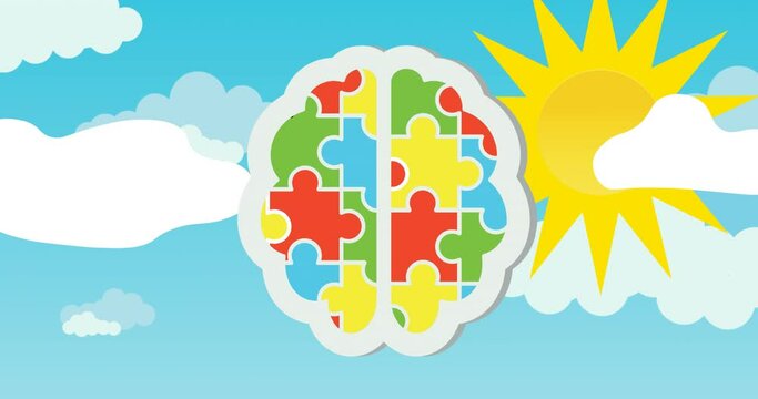 Animation of red, green, blue and yellow puzzle pieces forming human brain with sun on blue sky