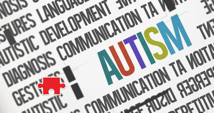 Animation of red, green and blue autism awareness puzzles falling over autism text