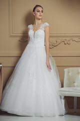 Fototapeta premium Happy bride in luxury sparkly wedding dress posing in studio on brown background. Marriage concept.