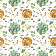 Seamless watercolor pattern with elements of needlework and botany - a ball of yarn for knitting, knitting needles, succulent, flowers, berries, leaves drawn by hand.