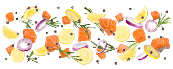 Pieces of delicious fresh raw salmon and different spices on white background. Banner design