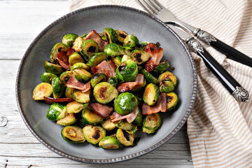 Fried Brussels sprouts with bacon