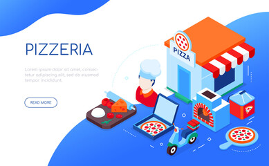 Pizzeria and delivery - modern colorful isometric web banner