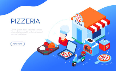 Fototapeta premium Pizzeria and delivery - modern colorful isometric web banner