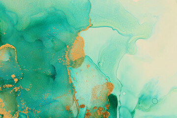 art photography of abstract fluid art painting with alcohol ink, blue and gold colors