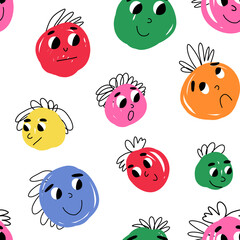 Fototapeta premium Cute abstract faces with various emotions seamless pattern. Cartoon illustration for fabric, textile, kids clothes etc