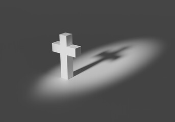 Obraz premium Catholic cross on a gray background. Christian religion. Christian cross casts a shadow. Catholic cross casts a shadow. Three-dimensional catholic symbol. 3d symbol of christianity.