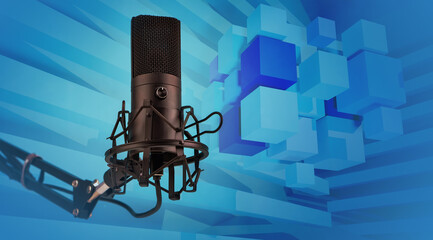Microphone for radio broadcasts on a blue background. Radio presenter microphone. Studio microphone close-up. Place for an inscription next to it. Concept - equipment for sound recording