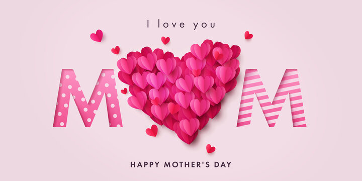 Happy Mothers Day banner. Holiday background with big heart made of pink and red Origami Hearts on soft pink background with paper cut Mom text. Design for fashion ads, poster, flyer, card, website