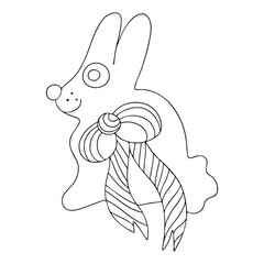 Happy Easter funny bunny coloring page for kids stock vector illustration. Funny simple little Easter rabbit with bow. Hand drawn cute fluffy animal black outline isolated on white. One of a series