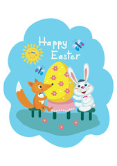 Rabbit and fox celebrate Easter. Easter greeting card. Vector image.
