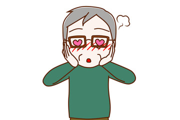 ハートの目で真っ赤になって照れている高齢の男性