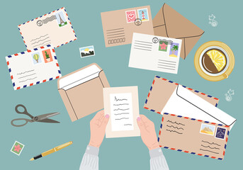 Flat lay illustration of envelopes, letters, stamps, stationery and white female hands holding mails. Workspace and table top view. Hand drawn vector illustration